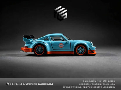 A 1:64 scale model of a Gulf-branded RWB930 Porsche 911 car shell and chassis, shown in a side profile against a dark gray studio background with a brand logo above and product specs at the bottom.