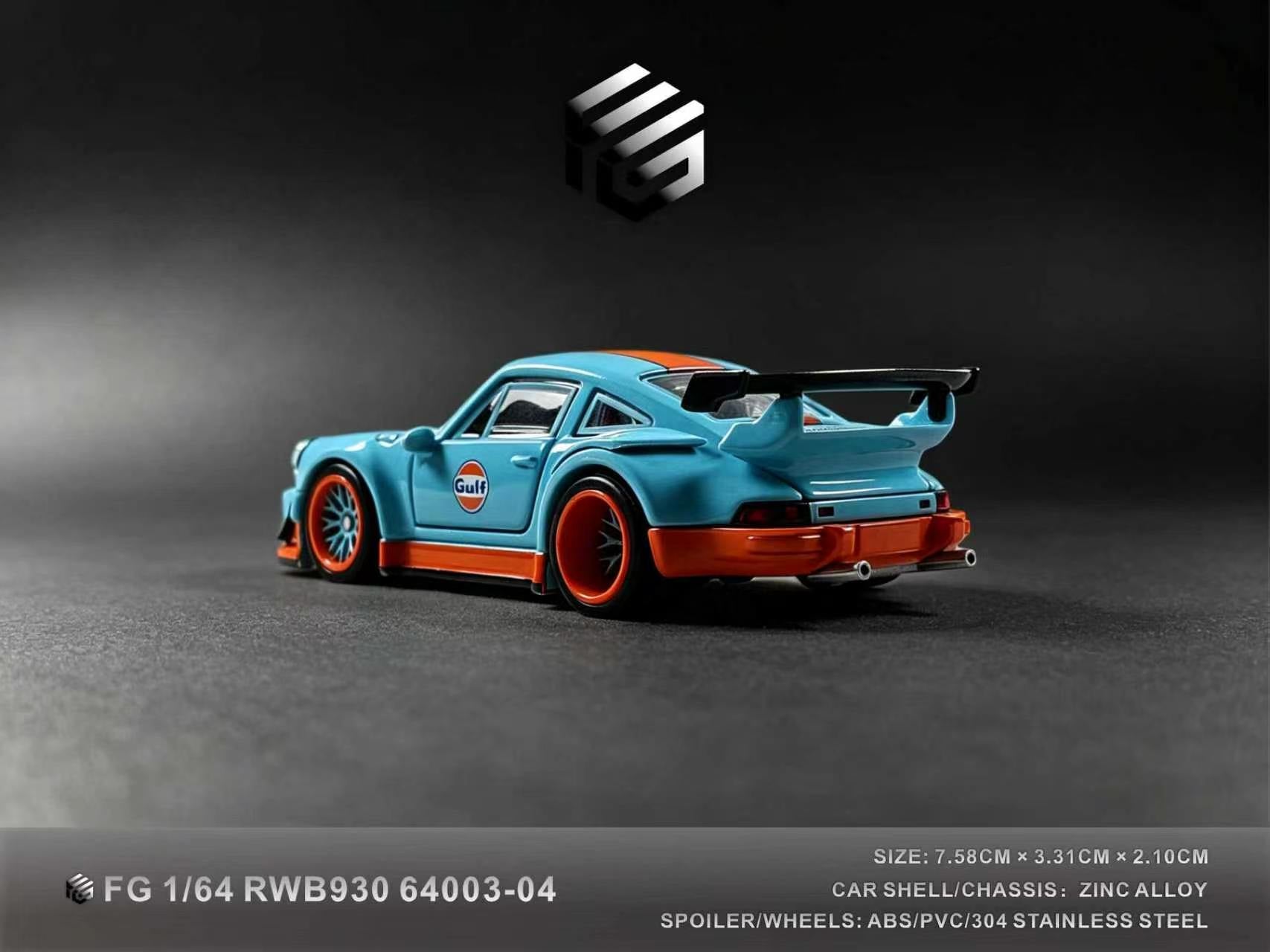 A 1/64 scale model of a widebody Porsche 911 R, featuring a light blue body with orange accents, a black rear spoiler, and orange wheels, displayed on a dark gray background with a brand logo above and product specifications at the bottom.