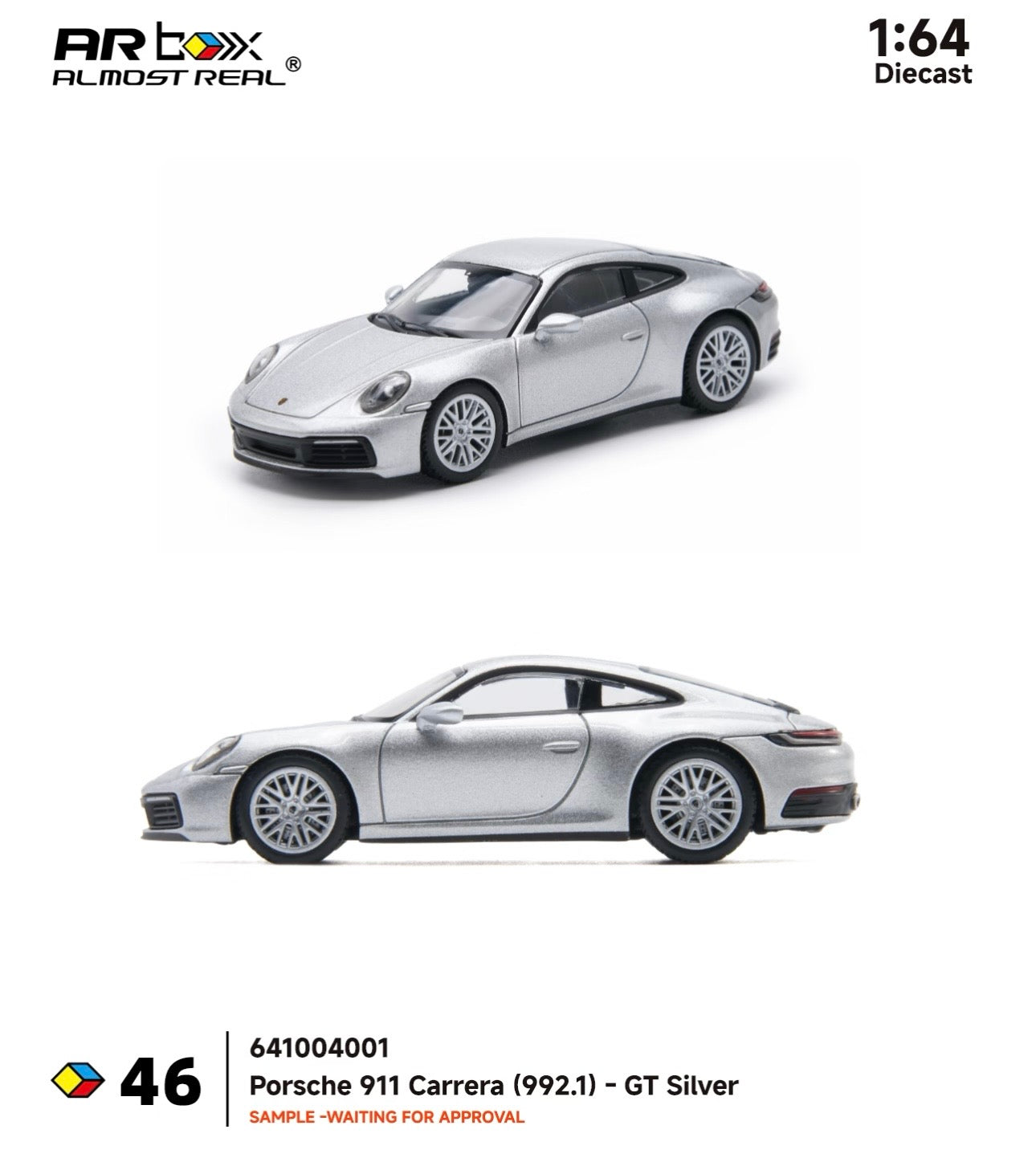 Model car of Porsche 911 Carrera 992.1 in GT Silver by Arbox Almost Real on a white background.