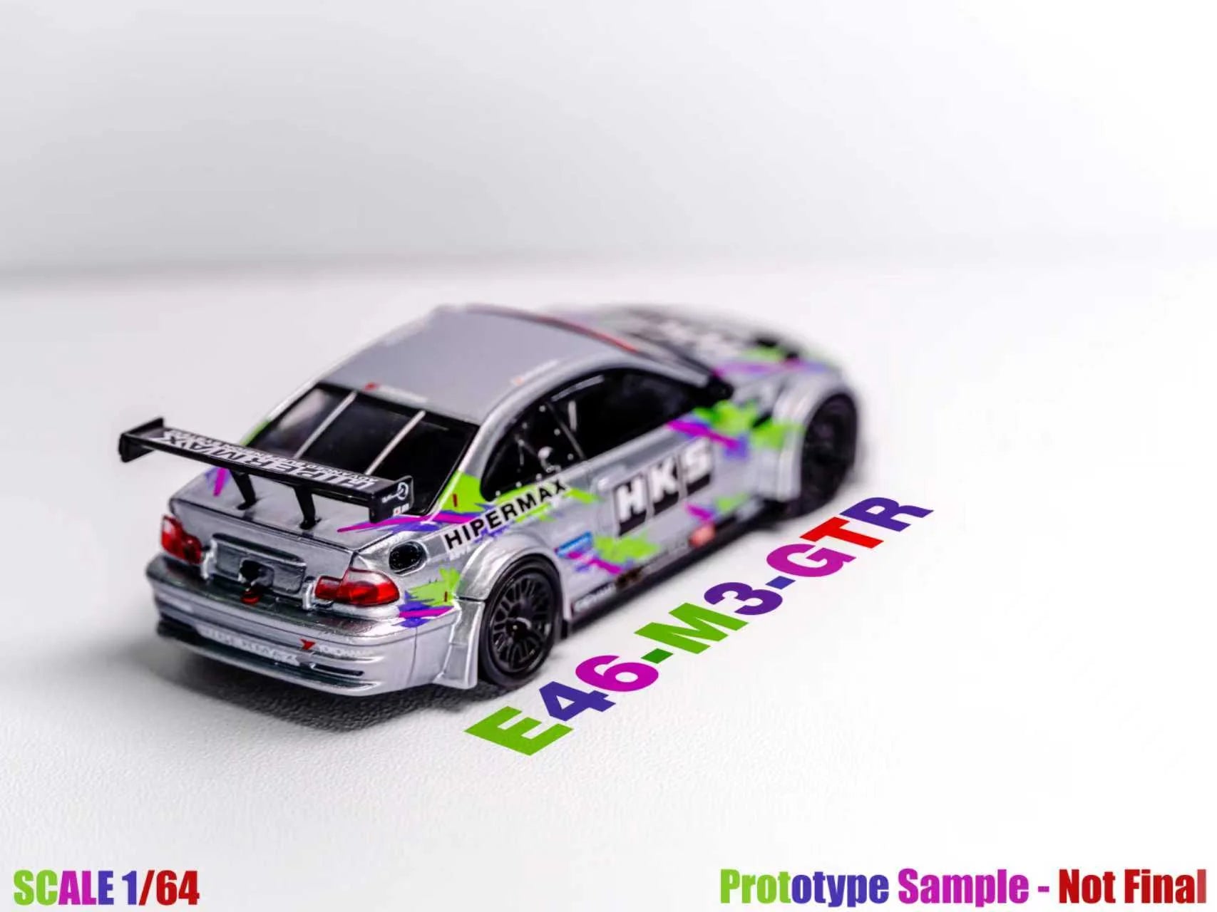 Model car with branding and text on a white background