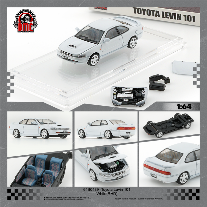 White model car set of Toyota Levin 101 with various parts on a checkered background
