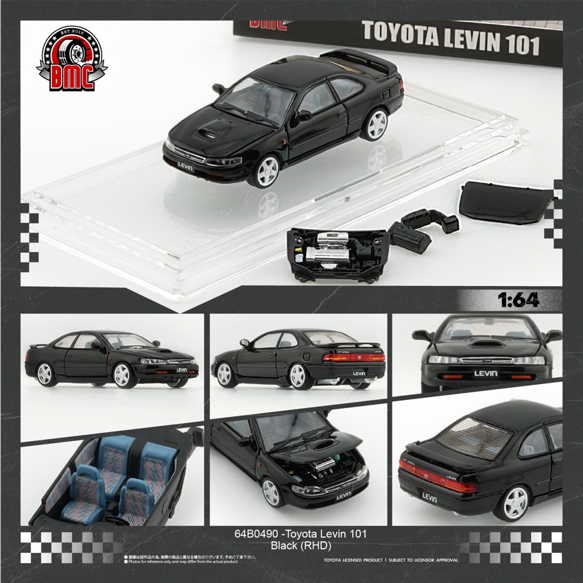 Black model car set of Toyota Levin 101 with various parts on a checkered background