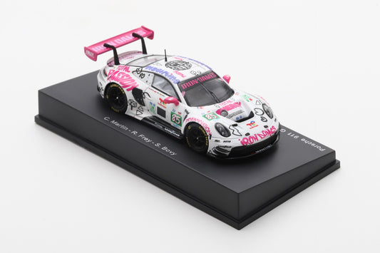 Model race car on a black stand, featuring a white body with vibrant pink and black graffiti-style designs and logos, exuding a fun, energetic vibe.