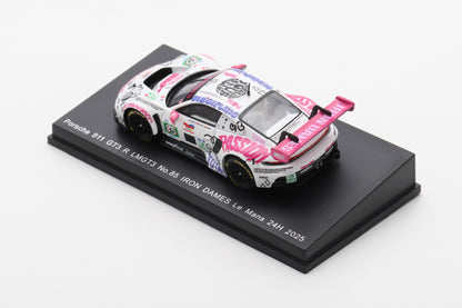 Model of a Porsche 911 GT3 R on a black display stand with colorful livery.