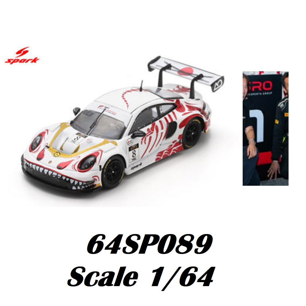 Spark 1:64 Porsche 911 GT3 R #8 white race car model 64SP089 with red dragon livery, gold accents, black wheels and large rear wing