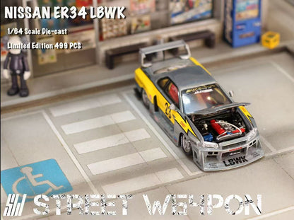 (Preorder) Street Weapon 1:64 Nissan LBWK ER34 Lightning Livery Raw Metal Version