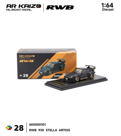 Diecast model of a black RWB 930 car with gold accents and "Stella Artois" branding, displayed on a stand next to a branded box.
