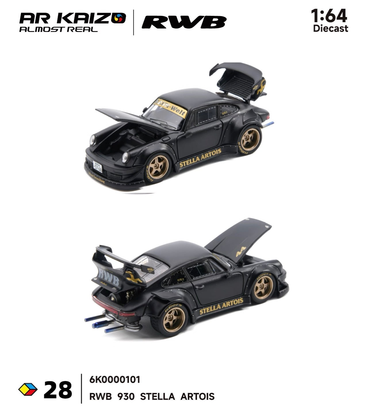 Diecast model of a black RWB 930 with "Stella Artois" branding in gold, shown with open hood and trunk. Scale 1:64, displaying detailed features.