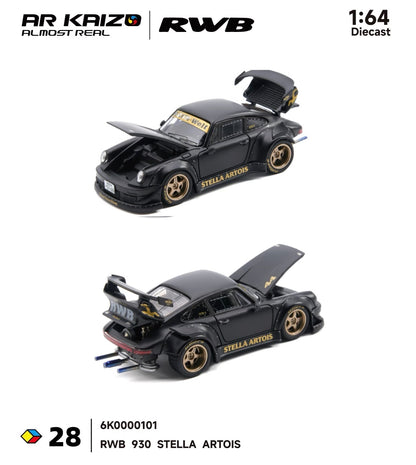 Diecast model of a black RWB 930 with "Stella Artois" branding in gold, shown with open hood and trunk. Scale 1:64, displaying detailed features.