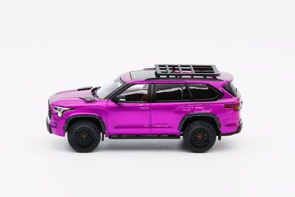 Pink SUV model with roof rack on a white background