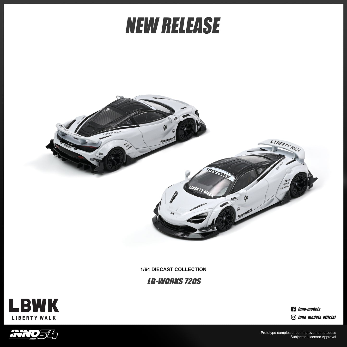Two white and black 1/64 scale diecast model cars from the LB-Works 720S collection, shown on a white background with 'NEW RELEASE' text at the top and LBWK Liberty Walk branding at the bottom.