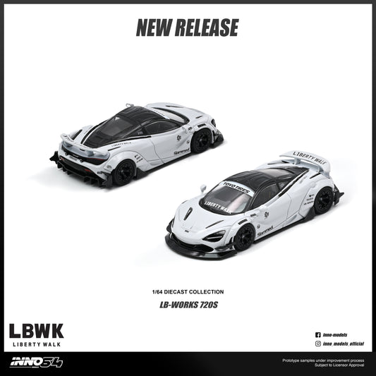 Two white and black 1/64 scale diecast model cars from the LB-Works 720S collection, shown on a white background with 'NEW RELEASE' text at the top and LBWK Liberty Walk branding at the bottom.