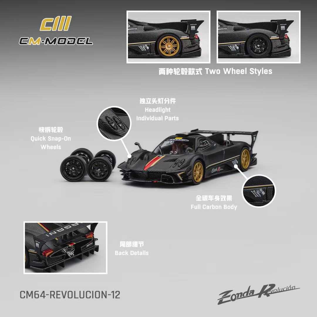 Model car with features highlighted on a gray background, featuring the brand 'CM Model'.