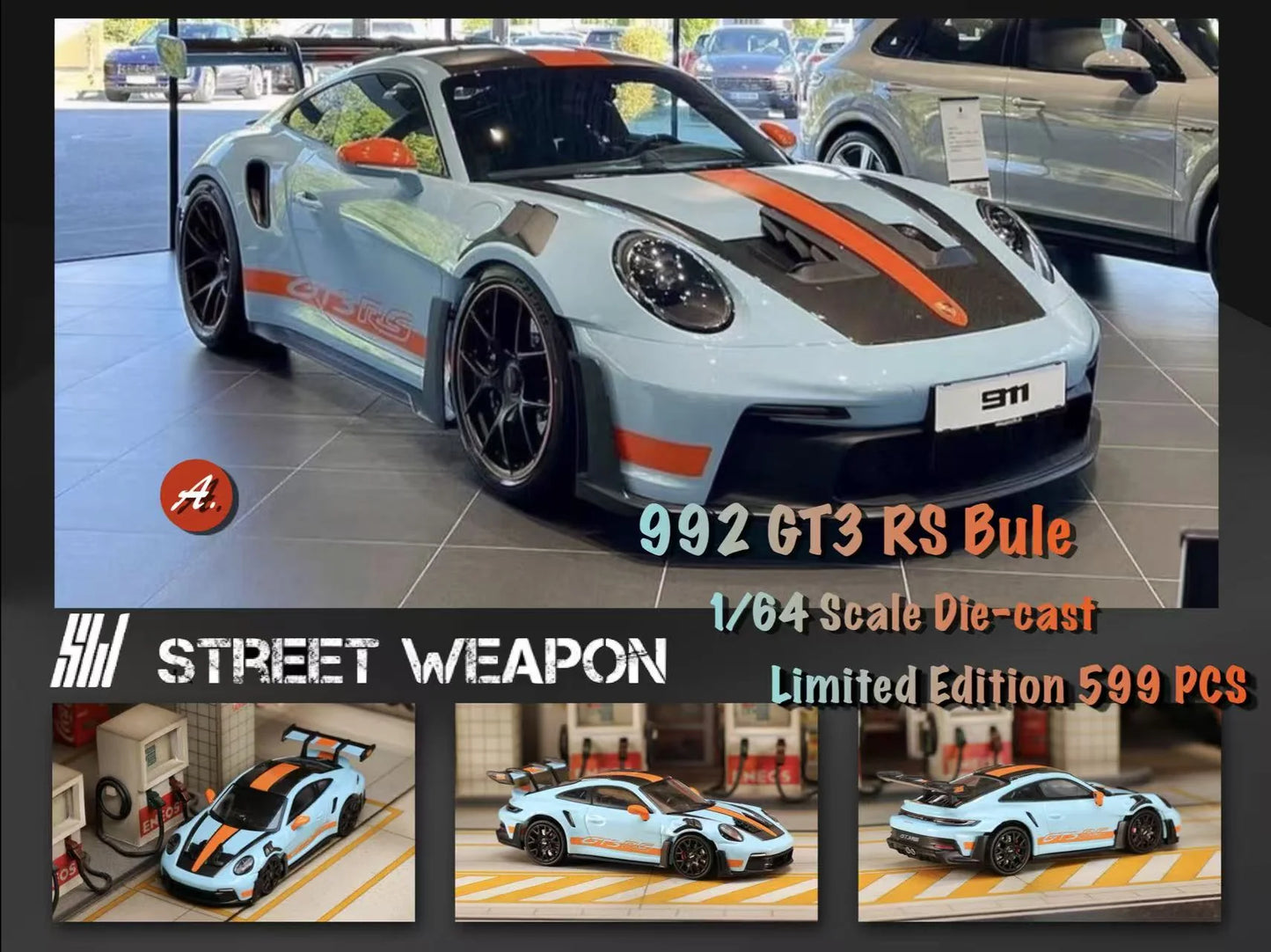 Street Weapon 1:64 992 GT3 RS GULF - Gulf Blue Carbon Top Black Wheels (Preorder)