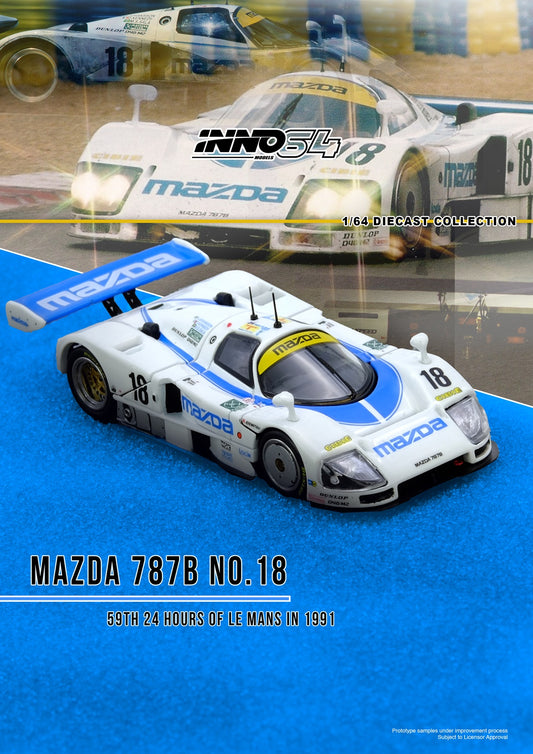 Model of a Mazda 787B race car with 'INNO64' branding on a blue background.