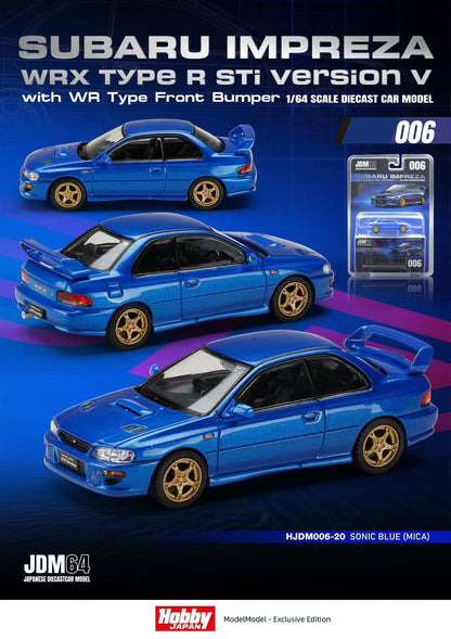 Model car of Subaru Impreza WRX Type R STi Version V with packaging on a blue background
