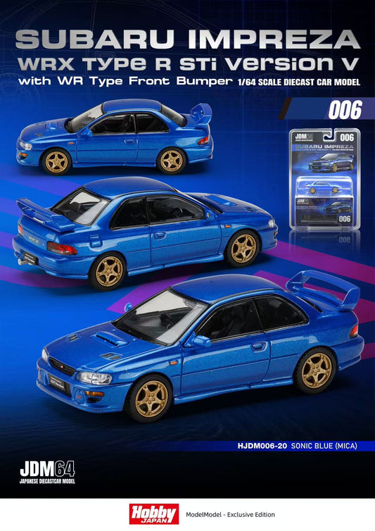 Model car of Subaru Impreza WRX Type R STi Version V with packaging on a blue background