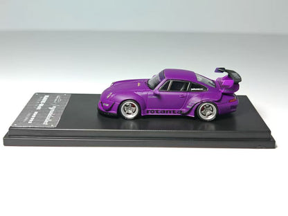 Purple model car on a black display stand with a white background