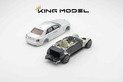 Model cars of a white sedan and an open-top vehicle on a white background with 'KING MODEL' branding.