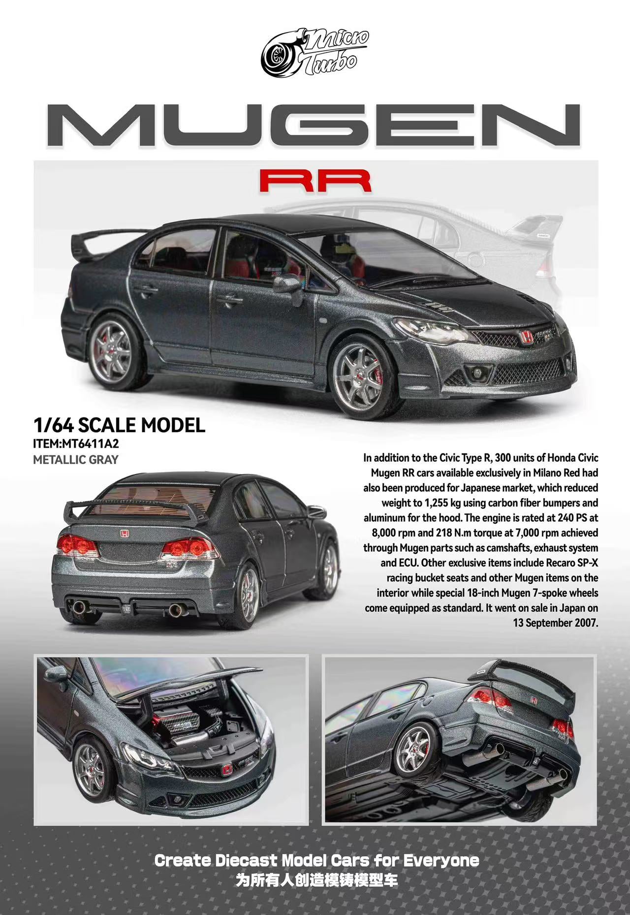 Mugen RR scale model car with detailed specifications on a white background