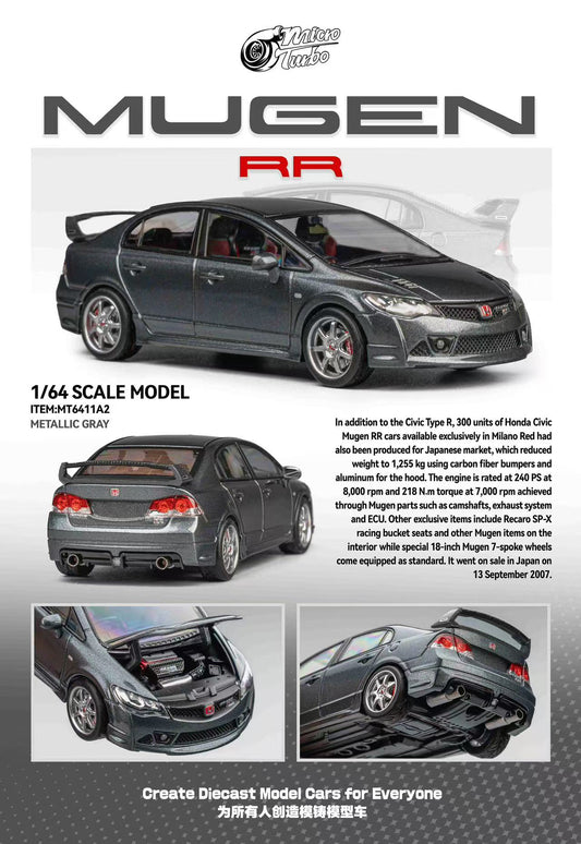 Mugen RR scale model car with detailed specifications on a white background