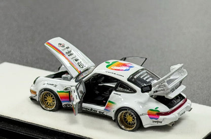 Model car with rainbow and Apple logo on a gray background