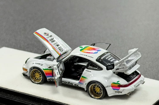 Model car with rainbow and Apple logo on a gray background