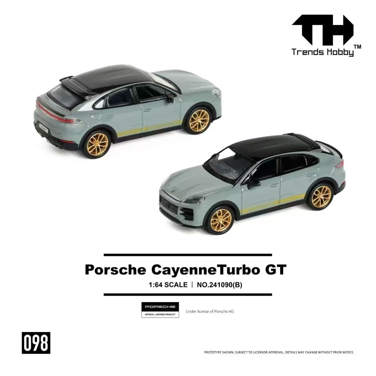 Two model cars of Gray Porsche Cayenne Turbo GT on a white background with Trends Hobby branding.