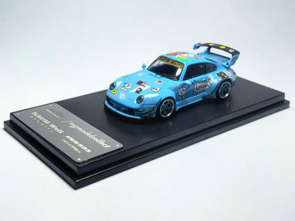 Model car on a display stand with a light blue color scheme