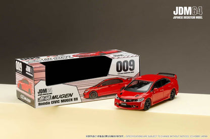 Red model car and packaging with 'JDM64' branding on a gray background