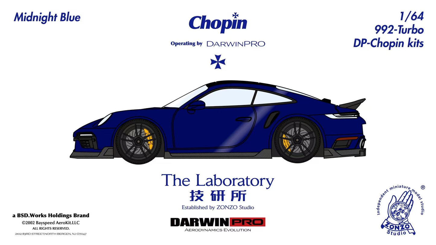 Model car kit of a blue sports car with branding and text on a white background
