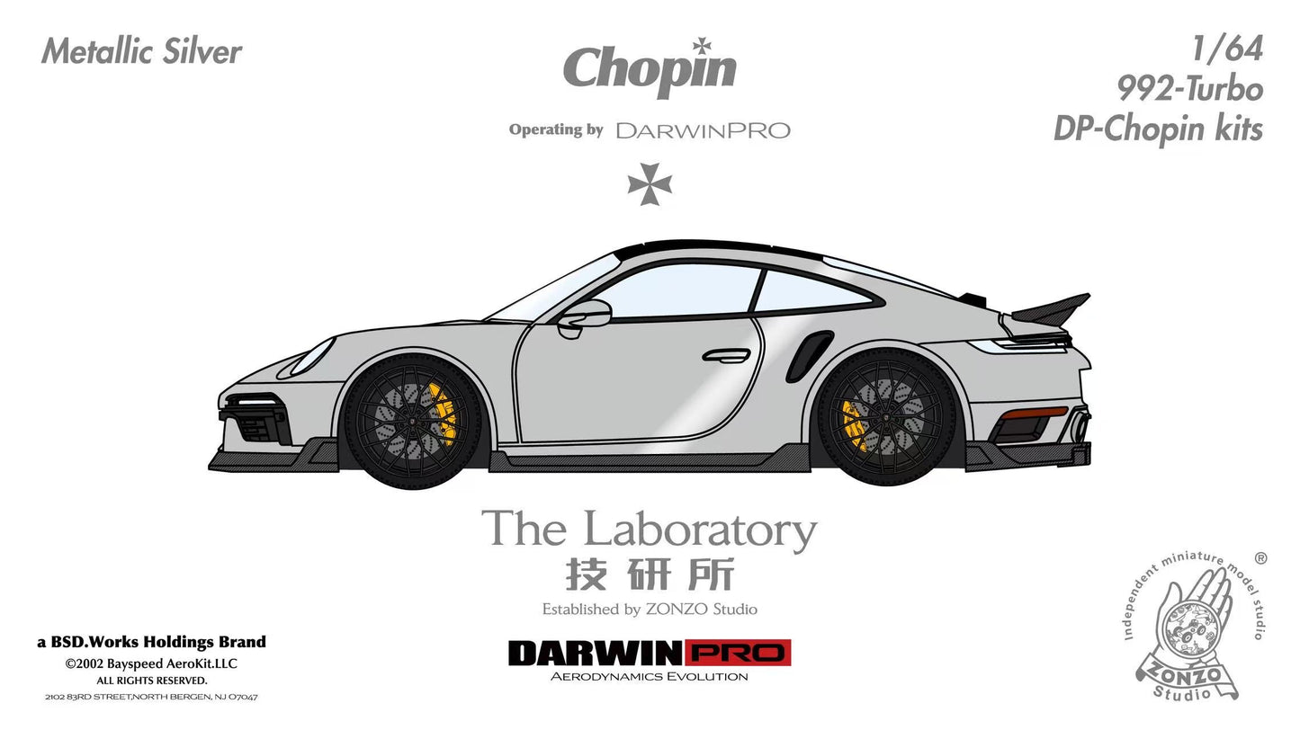 Side view of a Porsche 911 Turbo model with branding and product details on a white background