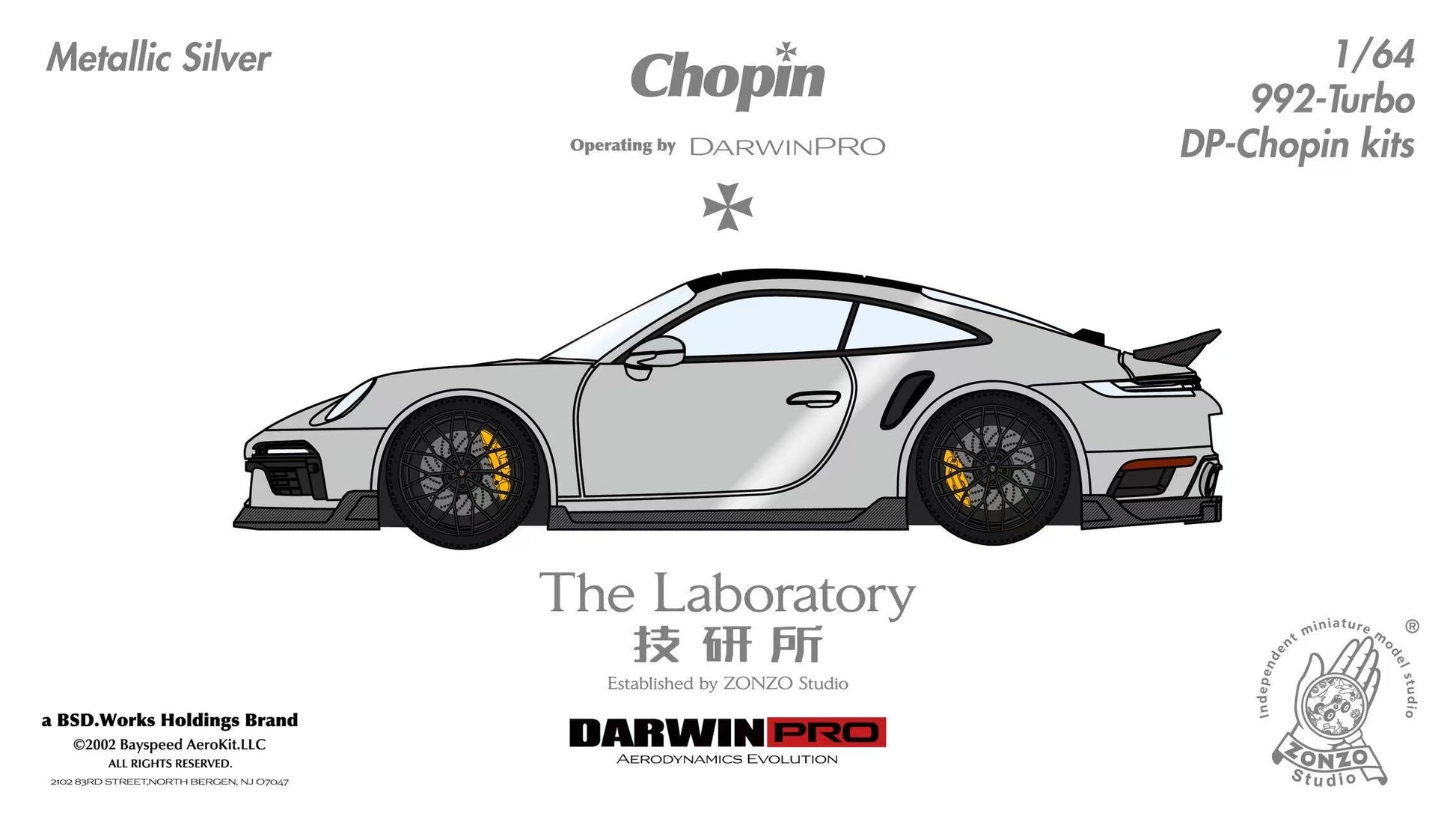 Side view of a Porsche 911 Turbo model with branding and product details on a white background