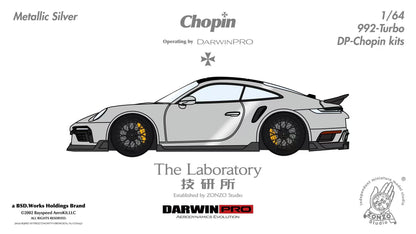 Side view of a Porsche 911 Turbo model with branding and product details on a white background