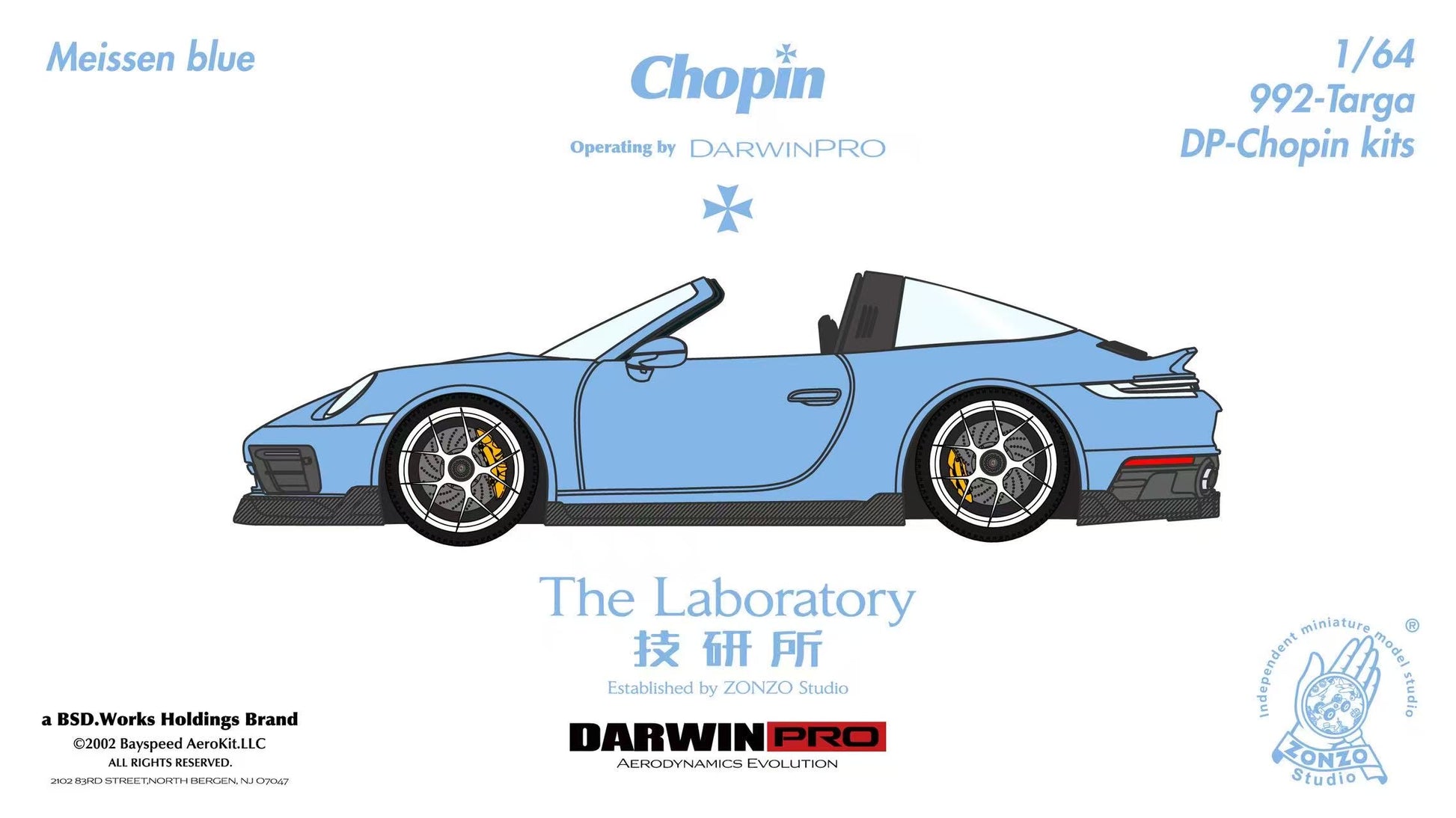 Blue convertible car model with branding and text on a white background