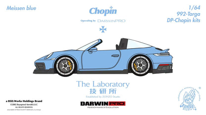 Blue convertible car model with branding and text on a white background