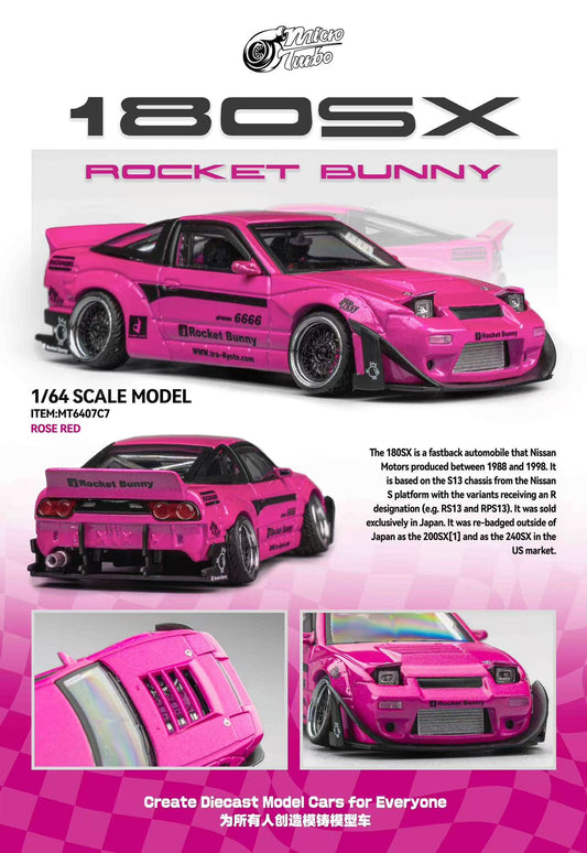 Model car kit packaging for a pink '180Sx Rocket Bunny' with detailed specifications.
