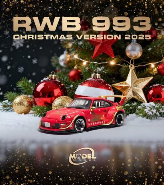 Model car with 'RWB 993' and 'Christmas Version 2025' text, surrounded by Christmas decorations. Made by ModelModel