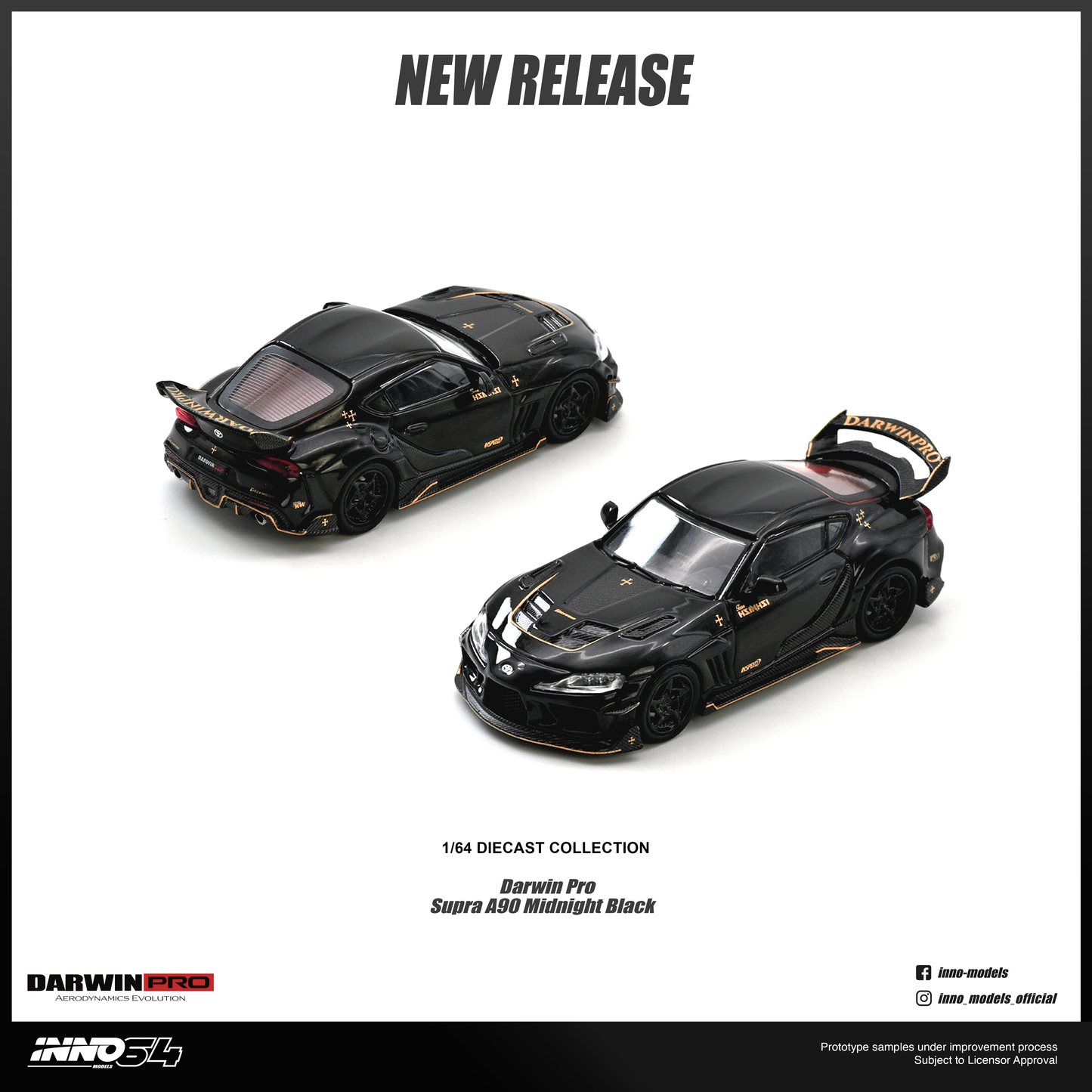 Two 1/64 scale diecast model cars from Darwin Pro's Darwin Pro V6 Supra A50 Midnight Black collection, shown on a white background with 'NEW RELEASE' text at the top.