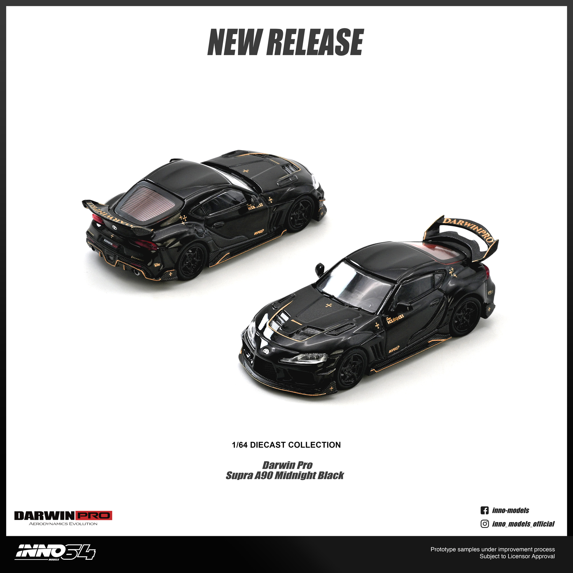 Two 1/64 scale diecast model cars from Darwin Pro's Darwin Pro V6 Supra A50 Midnight Black collection, shown on a white background with 'NEW RELEASE' text at the top.