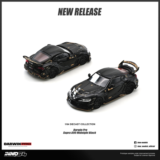 Two 1/64 scale diecast model cars from Darwin Pro's Darwin Pro V6 Supra A50 Midnight Black collection, shown on a white background with 'NEW RELEASE' text at the top.