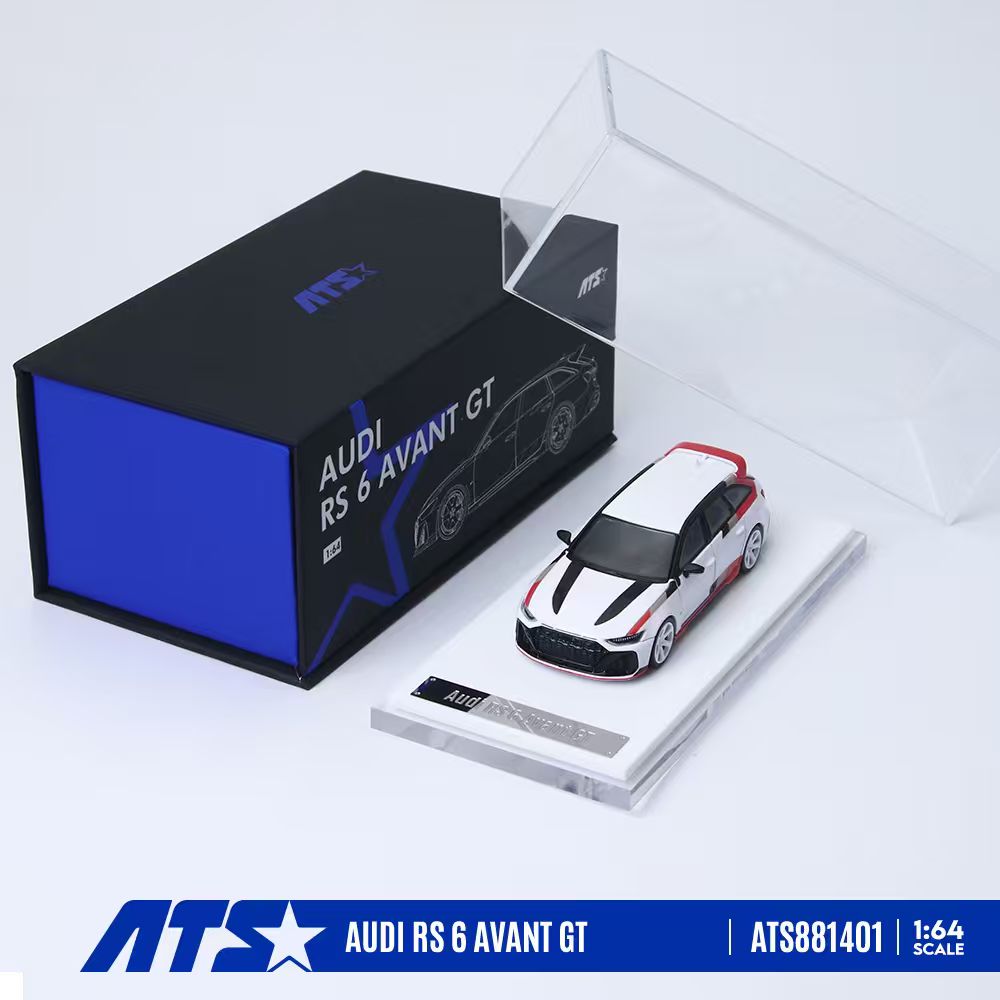 Model car of Audi RS 6 Avant GT with packaging on a white background
