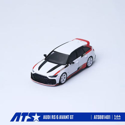 Model car of Audi RS 6 Avant GT on a light blue background