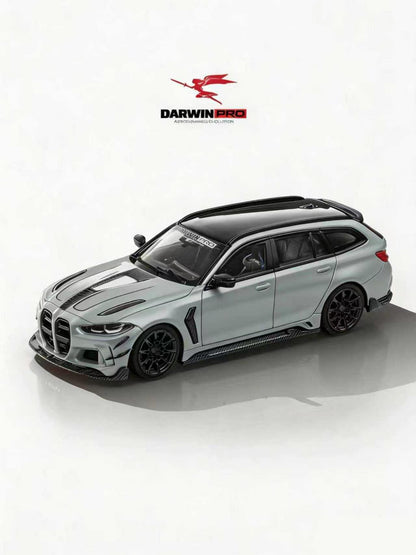 Model car of a BMW with Darwin Pro logo on a white background