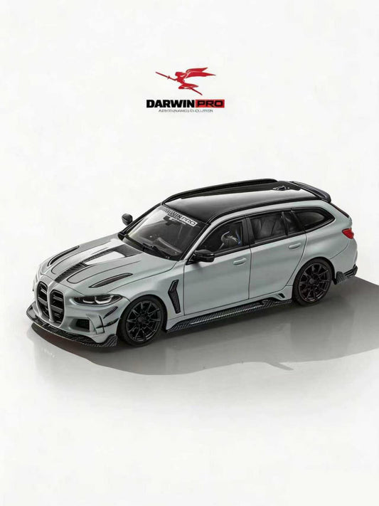 Model car of a BMW with Darwin Pro logo on a white background