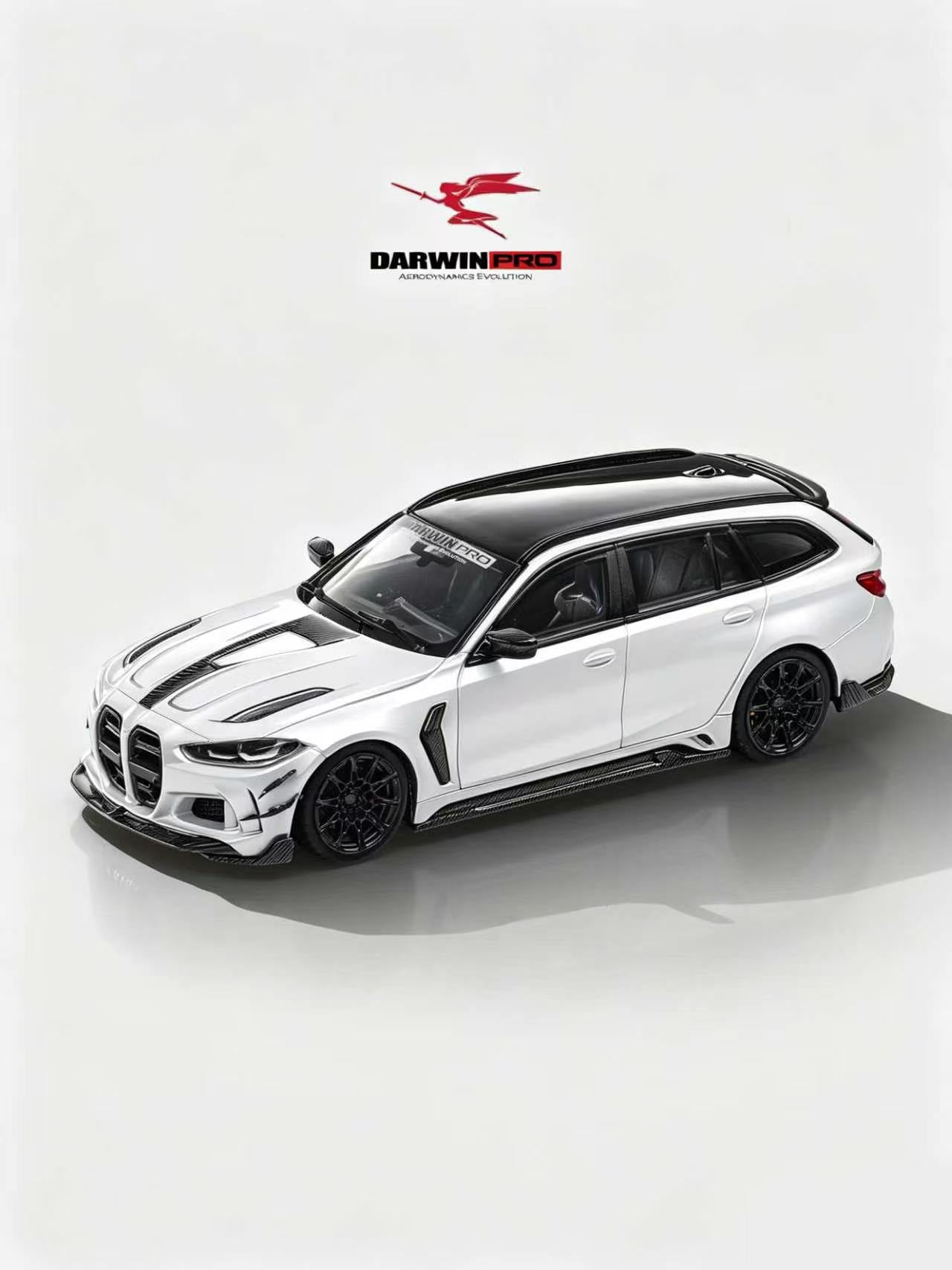 White car with black roof and black wheels on a white background, featuring Darwin Pro logo.