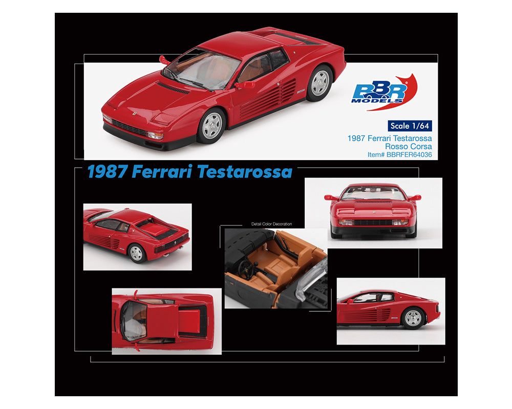 Collage of a 1987 Ferrari Testarossa model car with BBR Models branding.