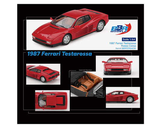 Collage of a 1987 Ferrari Testarossa model car with BBR Models branding.
