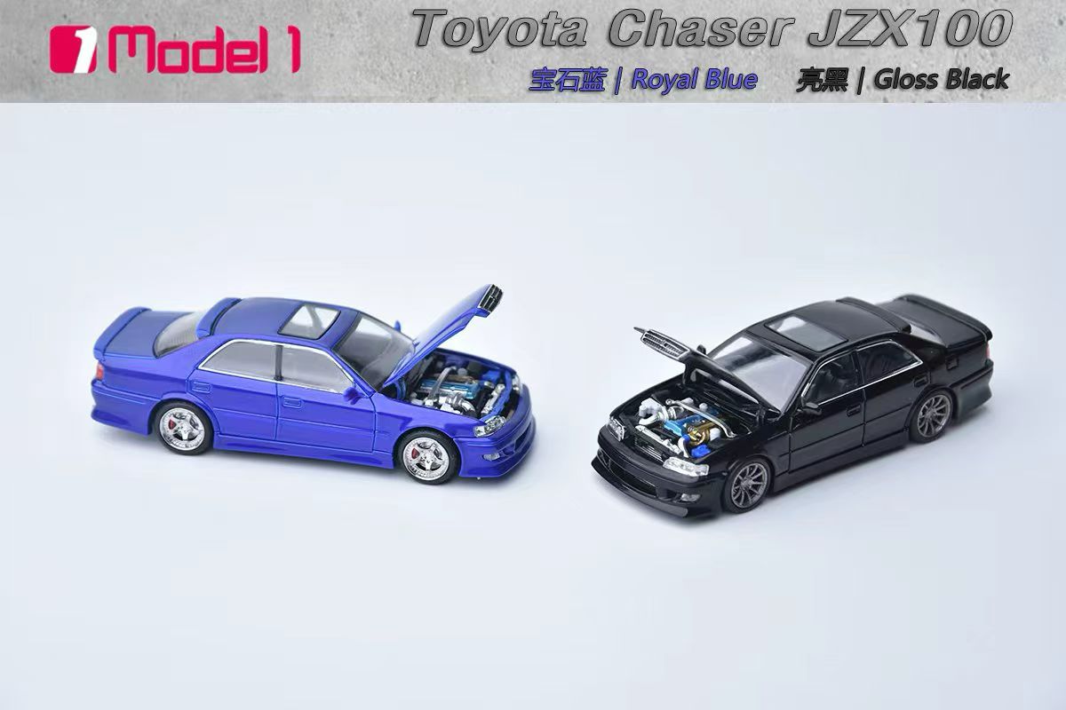 Two toy model cars, one blue and one black, on a white background with branding text above.