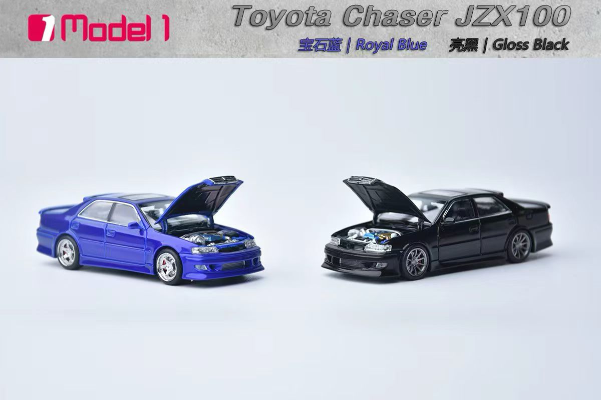 Two toy model cars, one blue and one black, on a light gray background with 'Model 1' branding.